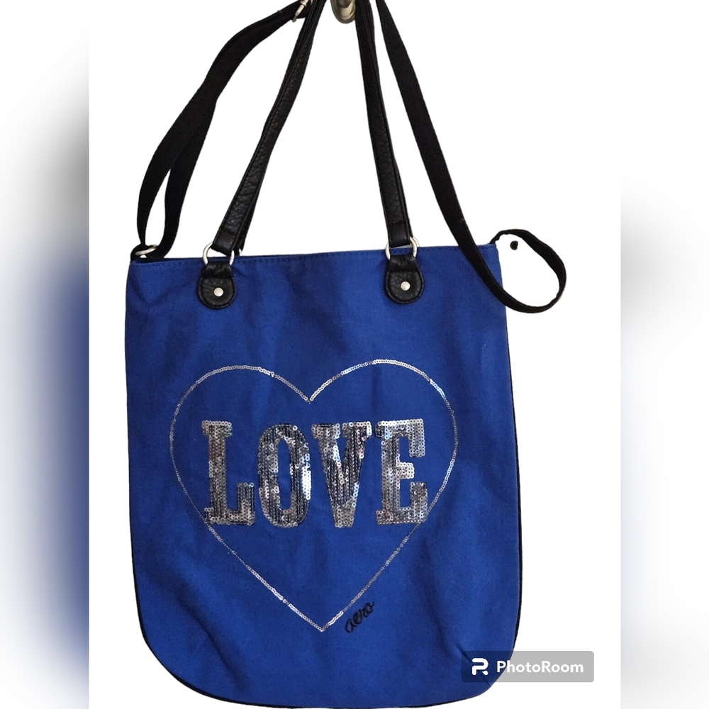 Aeropostale crossbody Canvas Tote, blue with black handles. NEW